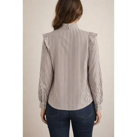 Everlane NWT Brown White Striped Mock Neck Cotton Blouse Size 12 - Picture 3 of 7